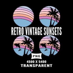 Strand Retro Vintage Sonnenuntergang 4er Pack Dolphin Palmen Tropischer Hintergrund PNG 300 DPI Transparent Sofort Download Kommerzielle Nutzung