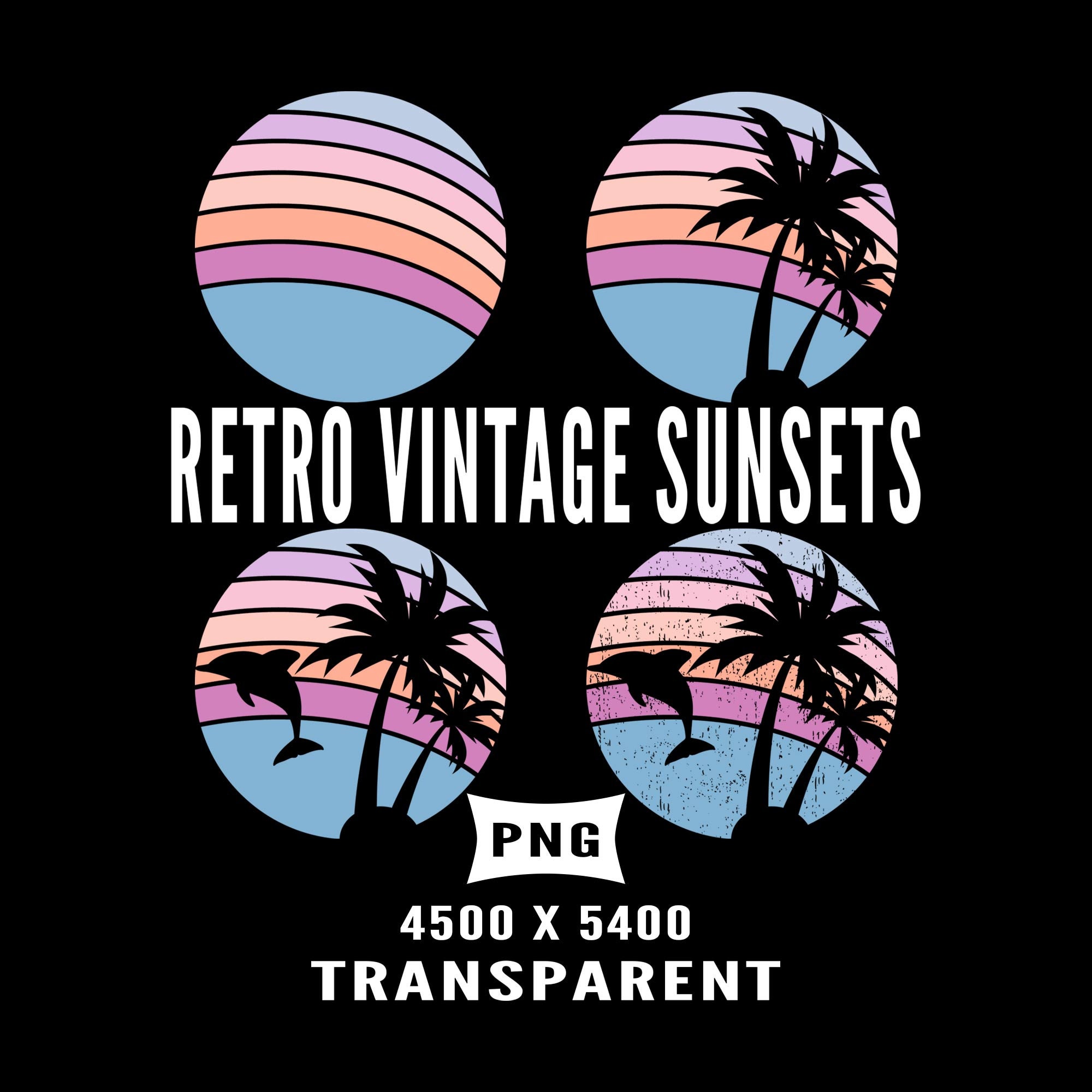 Download Beach Retro Vintage Sunset 4 Pack Dolphin Palm Trees Tropical Etsy
