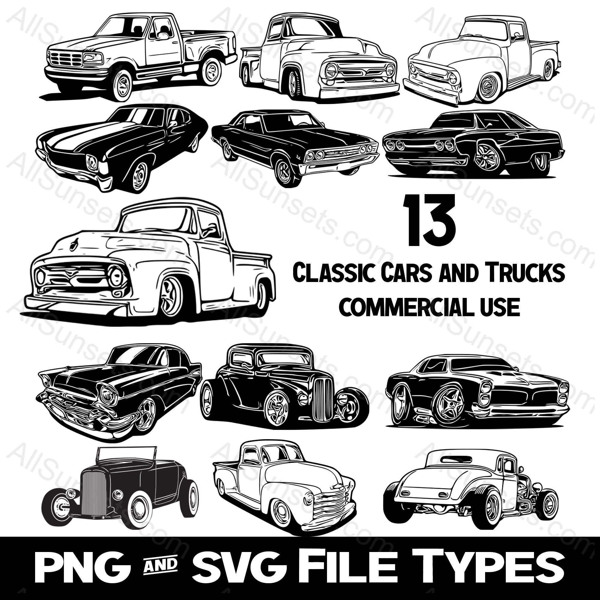 Classic Cars and Trucks 13 Vectors SVG and PNG File Type Vintage Vehicles Antique Automobiles Graphic Clipart Print On Demand Commercial Use