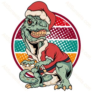 T-Rex Sunset -T-Rex Dino Santa Hat Christmas Retro Sunset PNG Navidad Navidad Navidad Dinosaurio Uso comercial Clipart