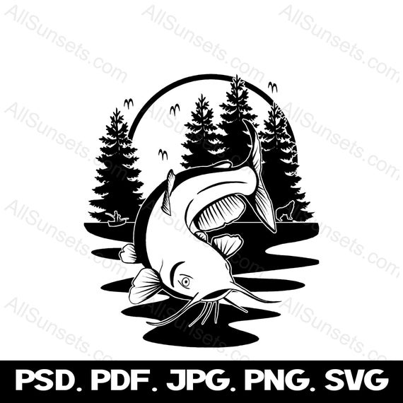Catfishing Lake Forest Scene PNG SVG Vector File Format Fisherman