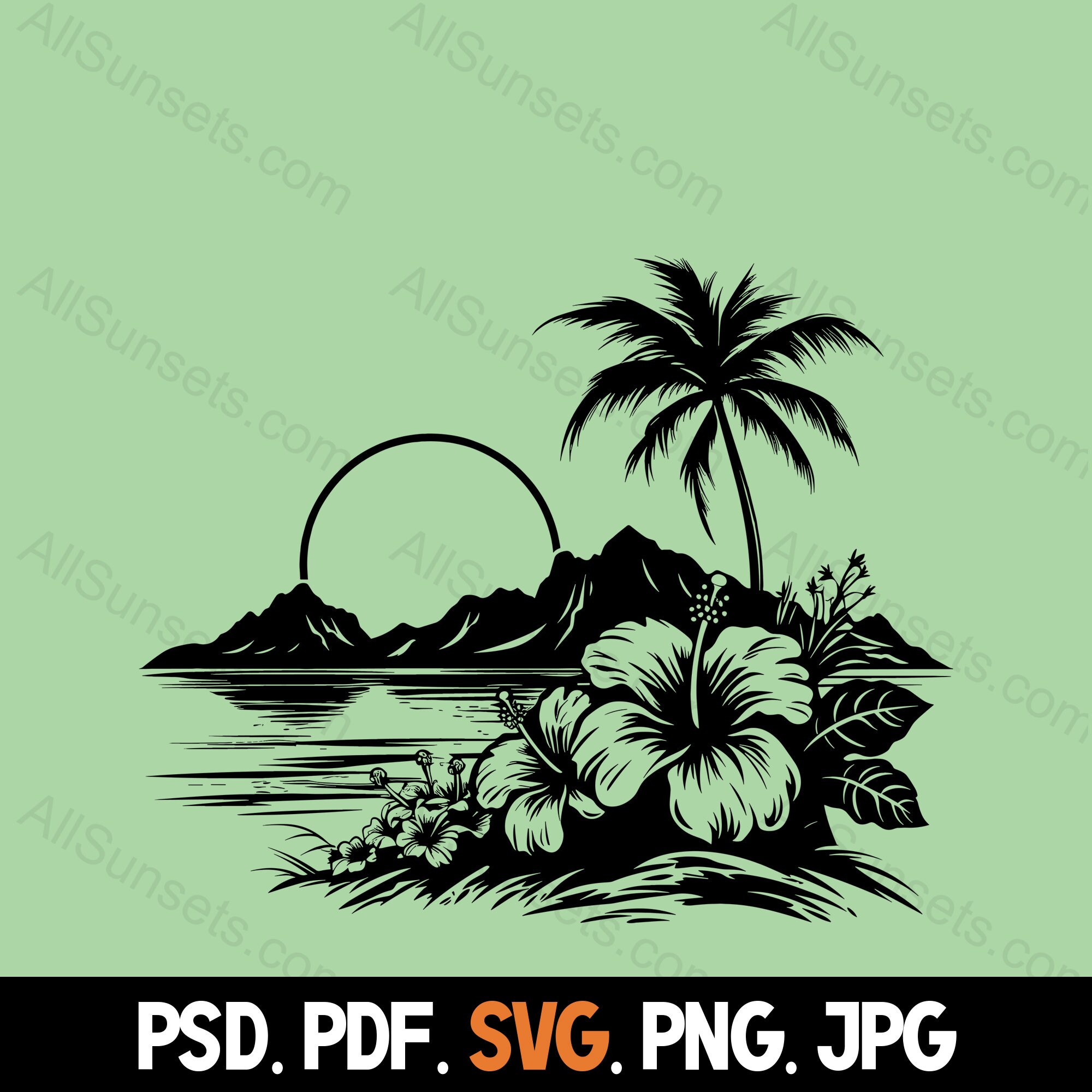Tropical Hibiscus Flowers Beach Scene Silhouette Svg Png Psd Jpg Pdf ...