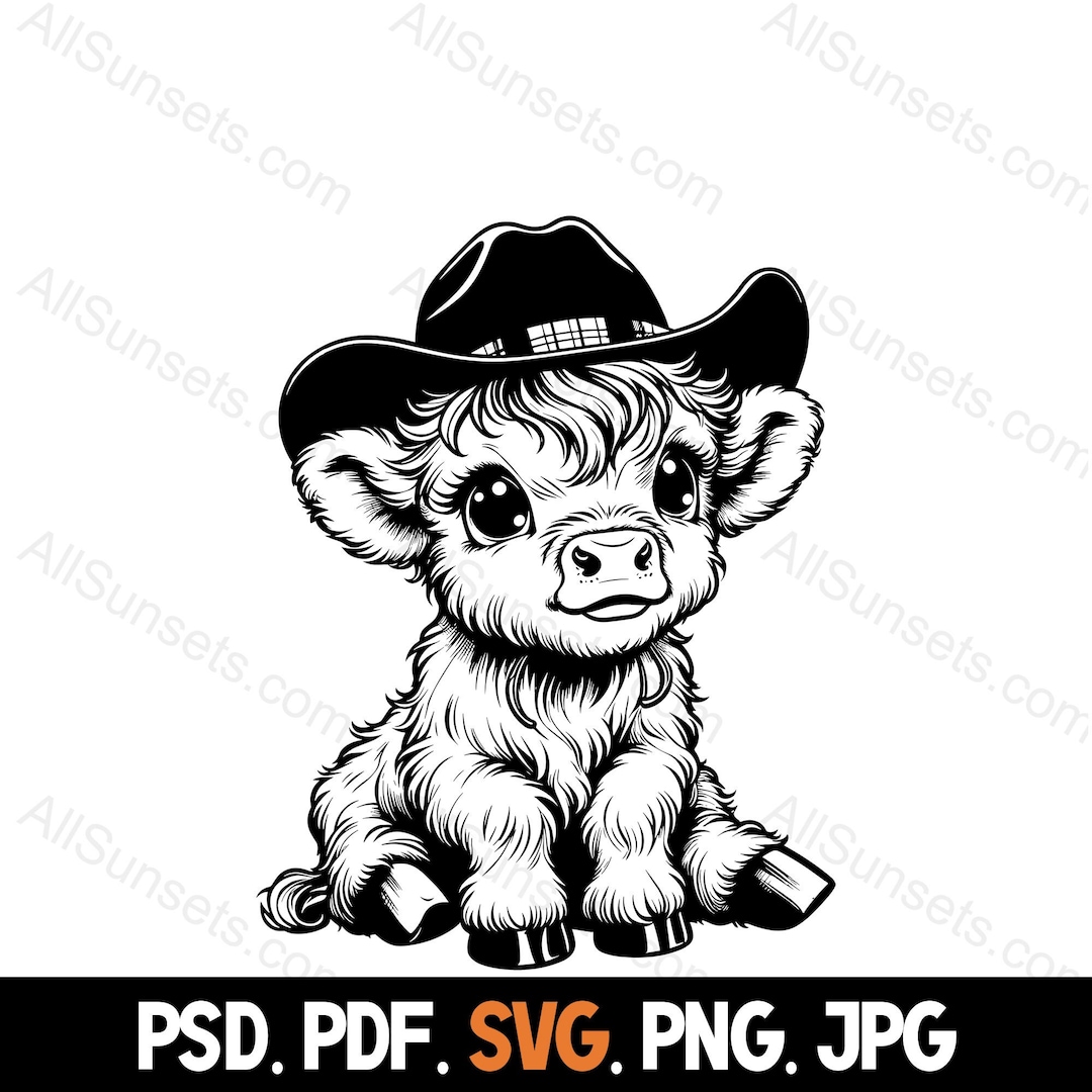 Baby Highland Cow Wearing Cowboy Hat Silhouette Svg Png Pdf Jpg Psd