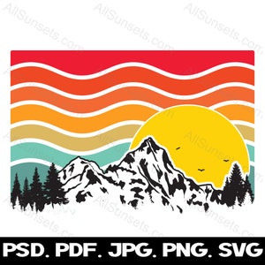 Wavy Stripes Retro Sunset Mountains Trees svg png jpg pdf psd File Types Clipart Vintage Commercial Use