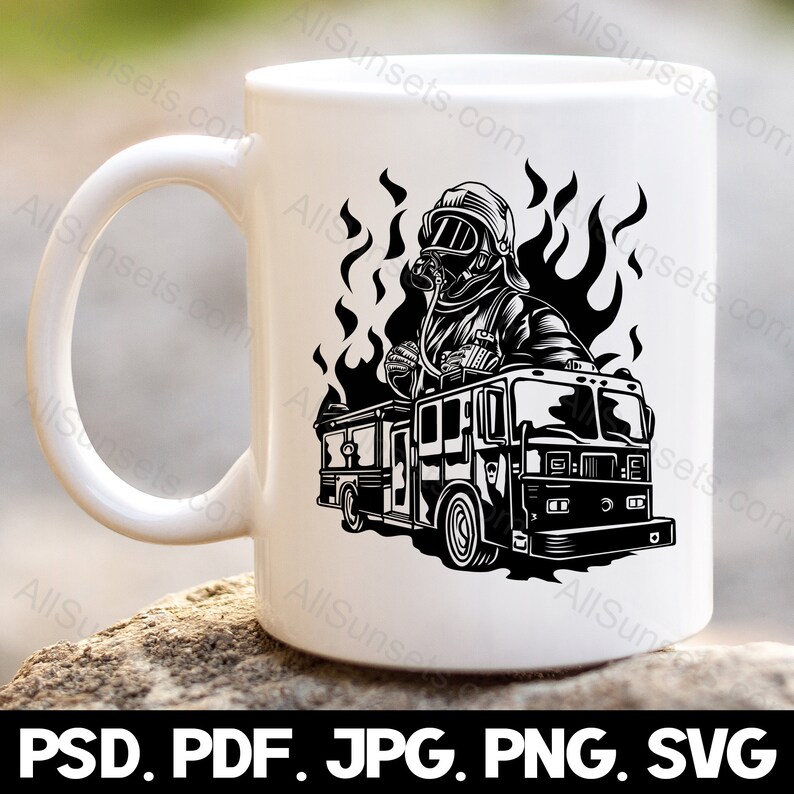 Fireman Firetruck Flames Silhouette svg png psd jpg pdf File Types Fire Truck Vector Graphic Clipart Print On Demand Commercial Use
