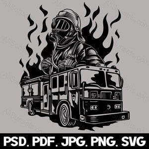 Fireman Firetruck Flames Silhouette svg png psd jpg pdf File Types Fire Truck Vector Graphic Clipart Print On Demand Commercial Use