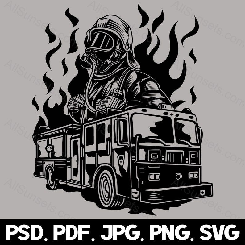 Fireman Firetruck Flames Silhouette svg png psd jpg pdf File Types Fire Truck Vector Graphic Clipart Print On Demand Commercial Use