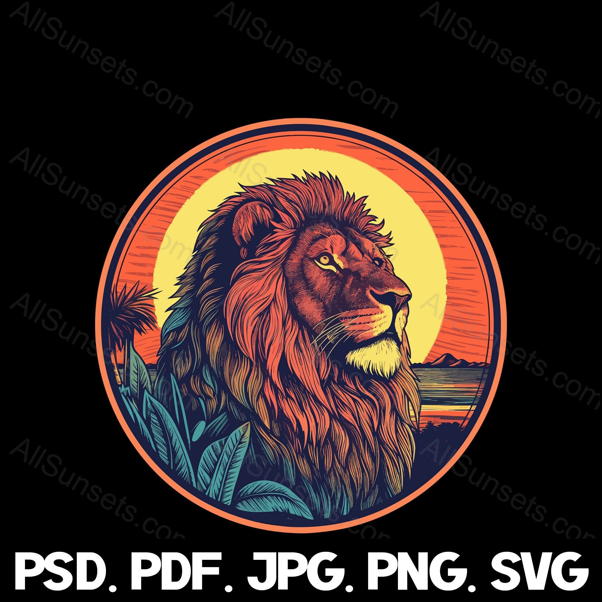 Lion Lake Retro Sunset Circle Svg Png Jpg Pdf Psd File Types