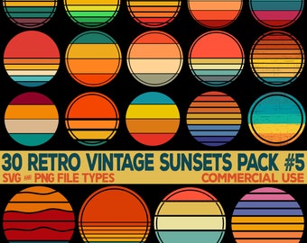 Retro Vintage Sunsets Clipart 30 PNG Files Package #5 Colored Sunrise Circles Round Background Commercial License Print On Demand SVGs
