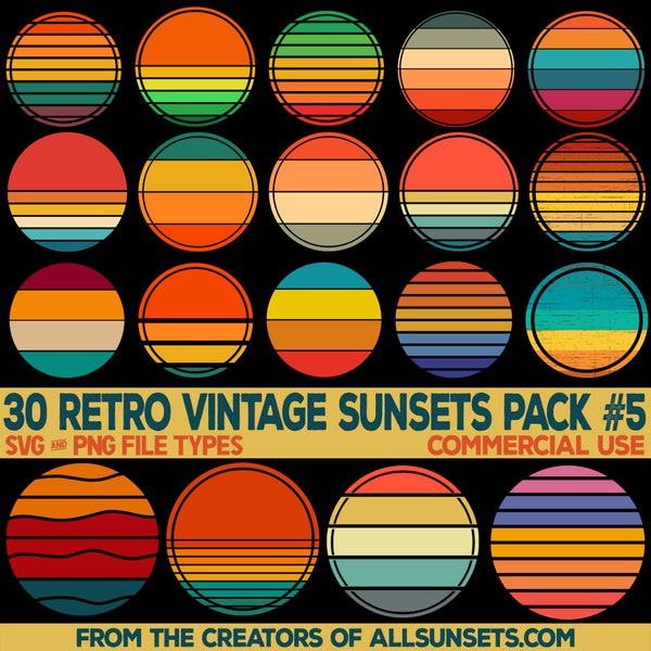 Retro Vintage Sunsets Clipart 30 PNG Files Package #5 Colored Sunrise Circles Round Background Commercial License Print On Demand SVGs