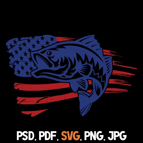 Bass Fishing American Flag Svg Png Psd Pdf Jpg File Types Patriotic Battle  Torn Clipart Fisherman USA Commercial Use Print on Demand Graphic 