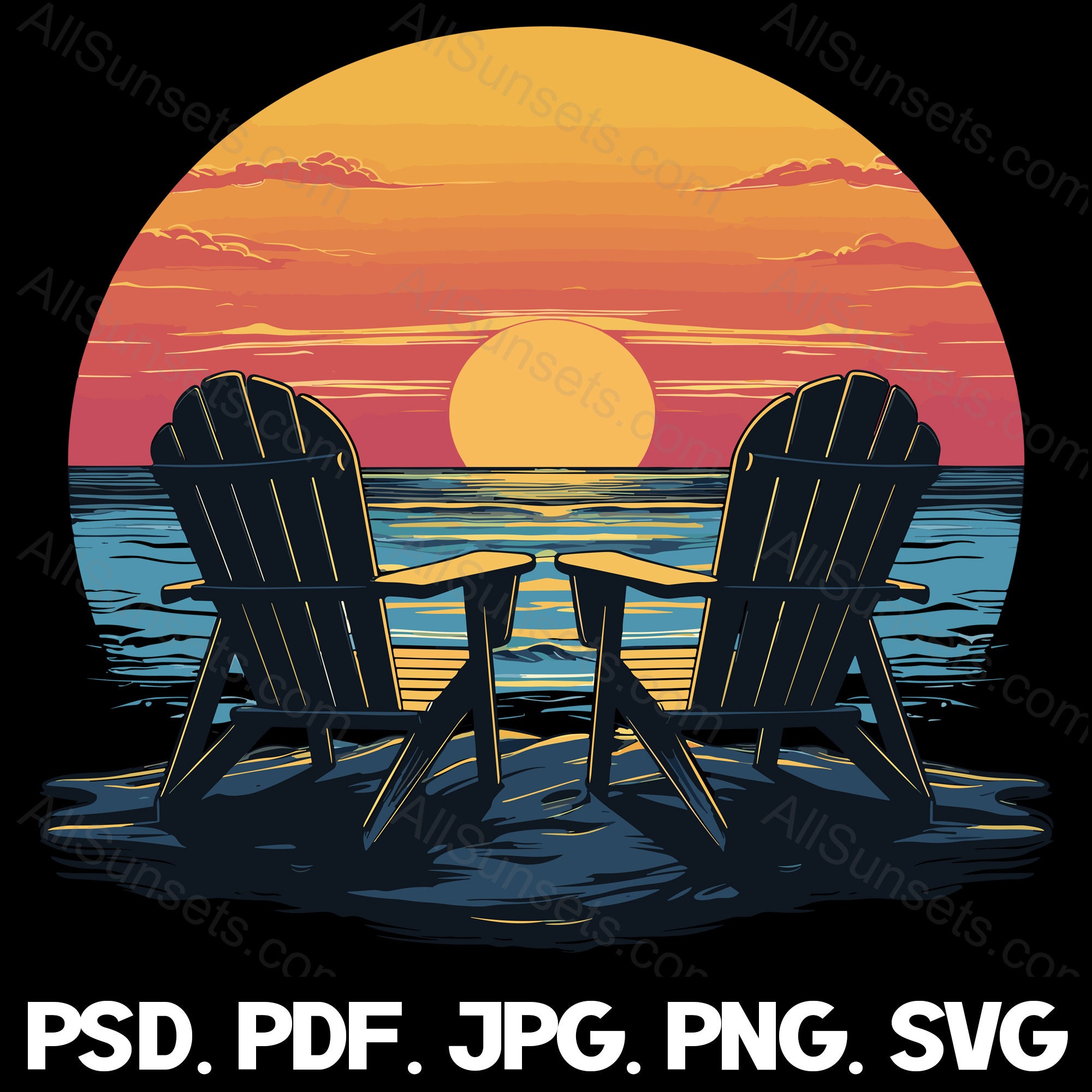 Adirondack Beach Chairs Facing Ocean Sunset Svg Png Jpg Pdf Psd File ...