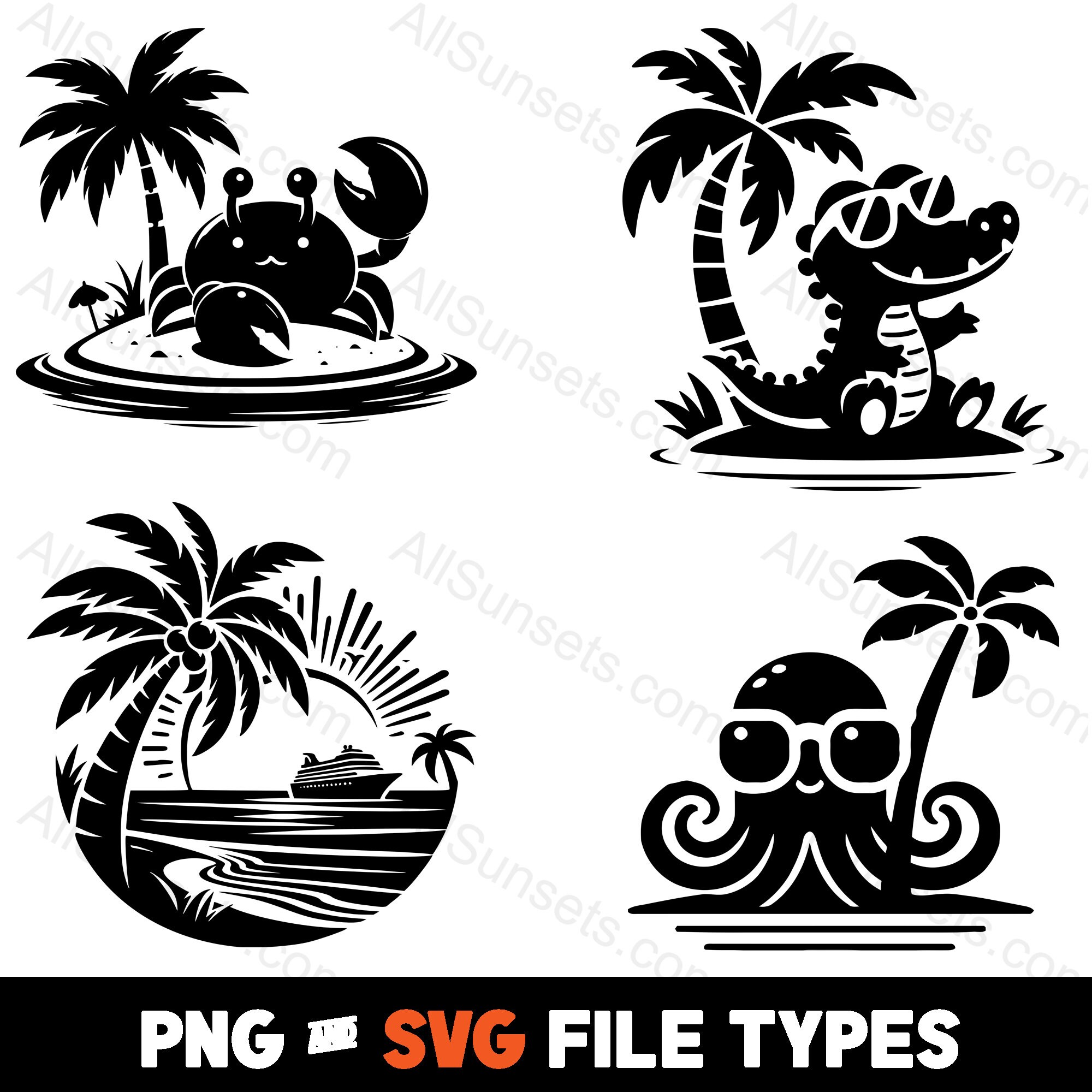 Beach Palm Tree Island Scene 33 Pack SVG & PNG File Types Vector ...