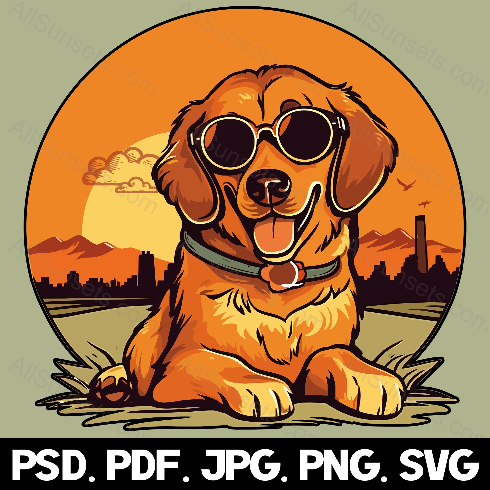 Puppy Sunglasses Retro Sunset Svg Png Jpg Pdf Psd File Types Dog Round ...