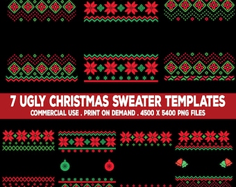 Ugly Christmas Sweater Clipart - Package #2 - 7 Xmas Tacky Templates - Holiday Crazy Party Commercial Print On Demand Use PNG SVG Files