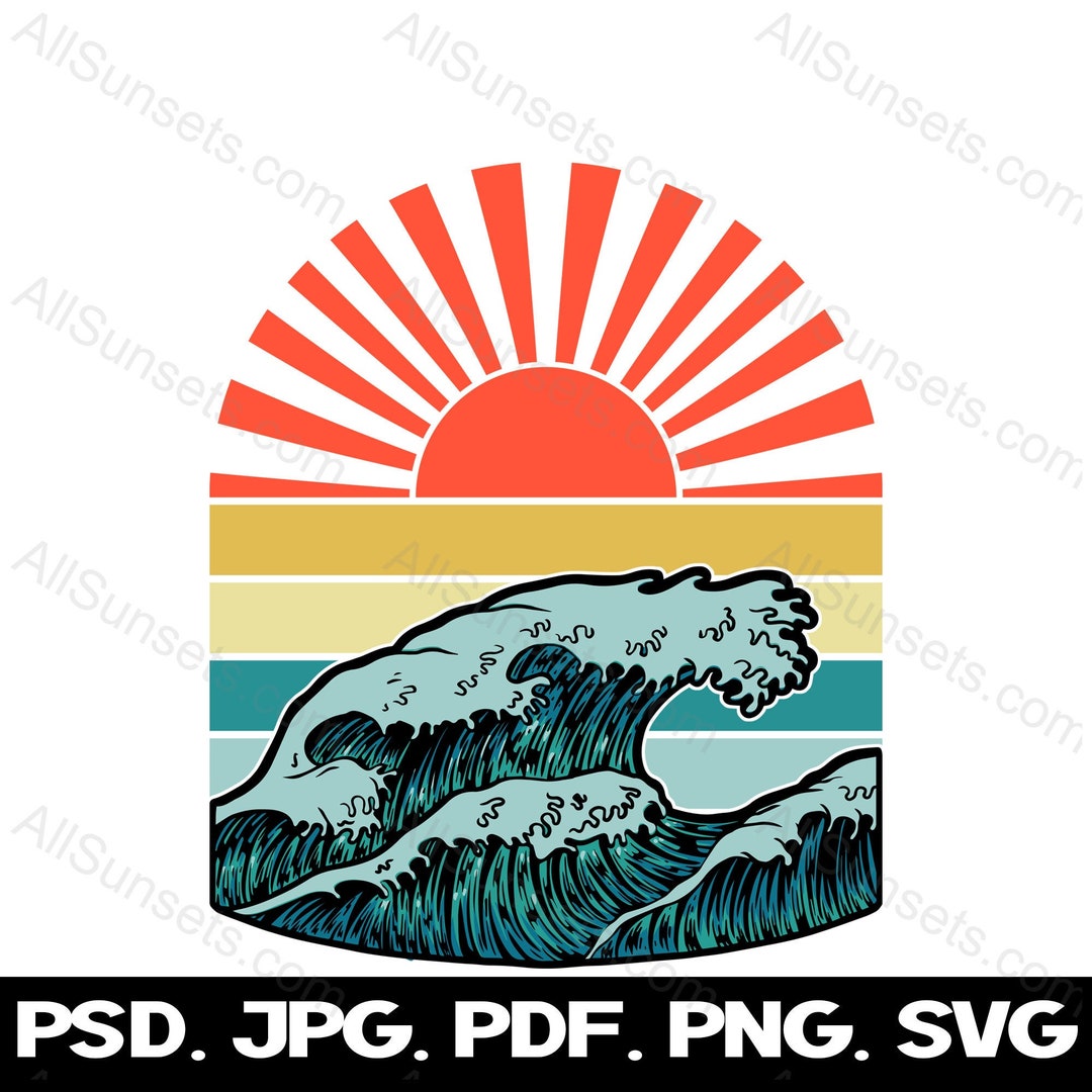 Ocean Waves Surf Sunrays Retro Sunset Svg Png Psd Jpg Pdf Clipart ...