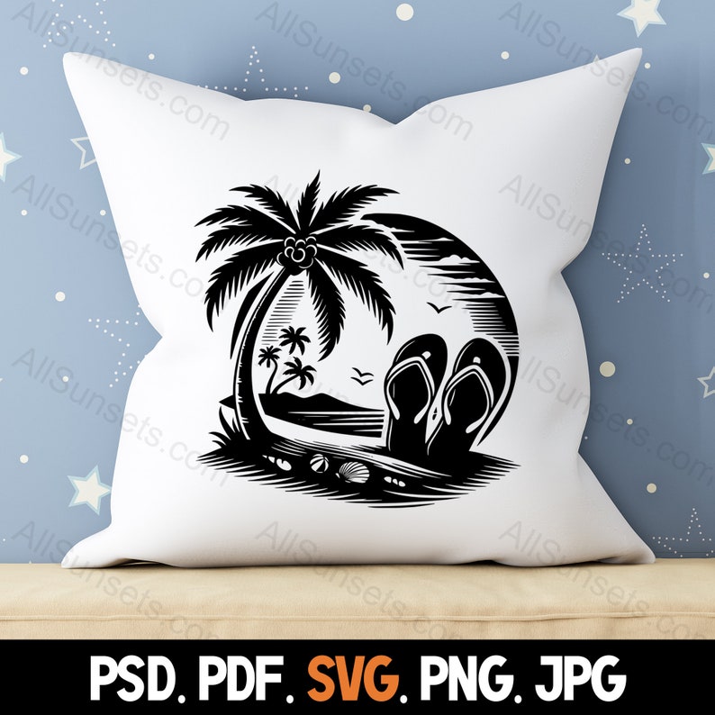 Flip Flops Palm Trees Silhouette svg png jpg pd pdf File Types Vector Beach Seashells Summer Commercial Use Print On Demand Image