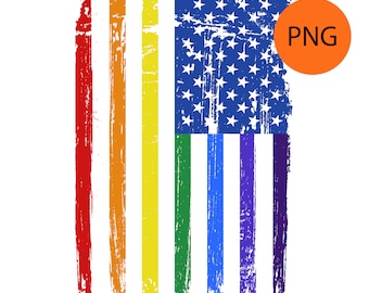 May include: A distressed American flag with rainbow stripes replacing the red and white stripes. The blue field of stars is intact. The image has a PNG watermark.