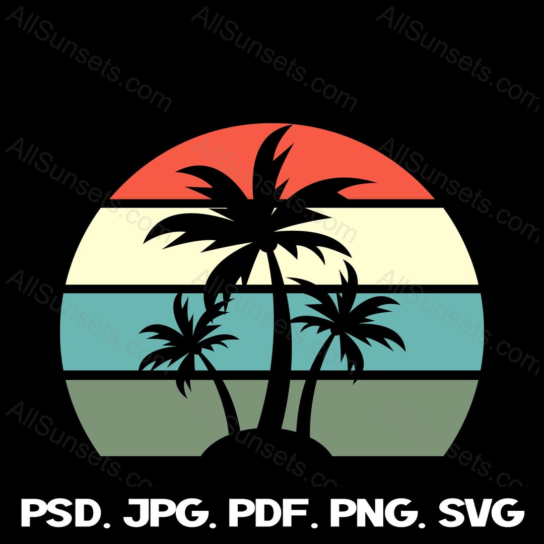 Retro Vintage Sunset PNG SVG Sunrise Background Beach Palm Tree Cutout ...