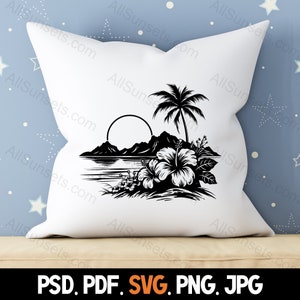 Tropical Hibiscus Flowers Beach Scene Silhouette Svg Png Psd Jpg Pdf ...