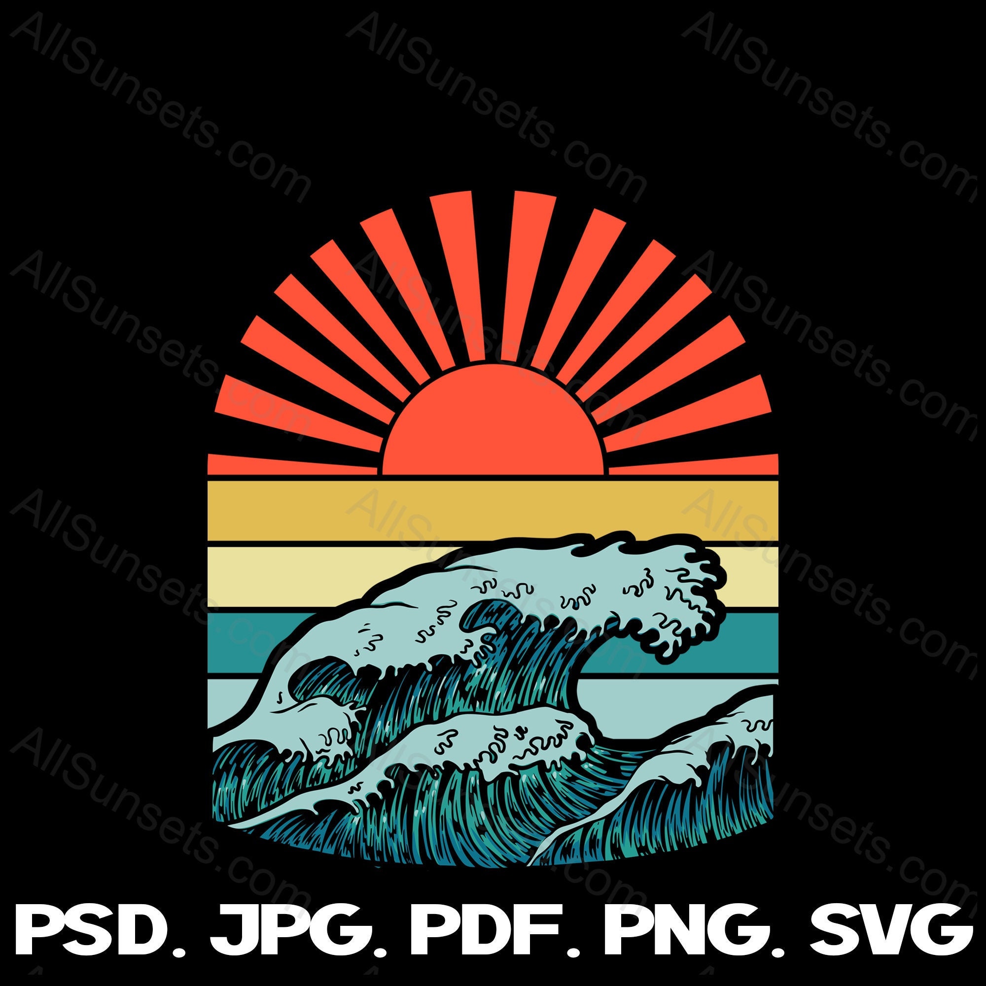 Ocean Waves Surf Sunrays Retro Sunset Svg Png Psd Jpg Pdf Clipart ...