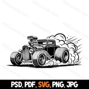 Carro Vintage Hotrod Burn Out SVG png psd jpg pdf Tipos de arquivo vetorial Pneus para fumar dos anos 30 Veículo Uso doméstico ou comercial para impressão sob demanda