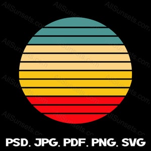 Retro Vintage Sunset png svg jpg psd pdf File Types Clipart Sun 4 Color Palette Commercial License Print on Demand Graphics