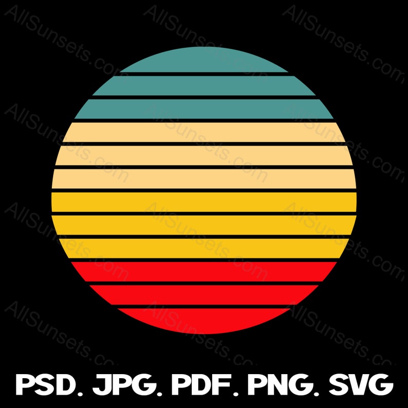 Retro Vintage Sunset png svg jpg psd pdf File Types Clipart Sun 4 Color Palette Commercial License Print on Demand Graphics