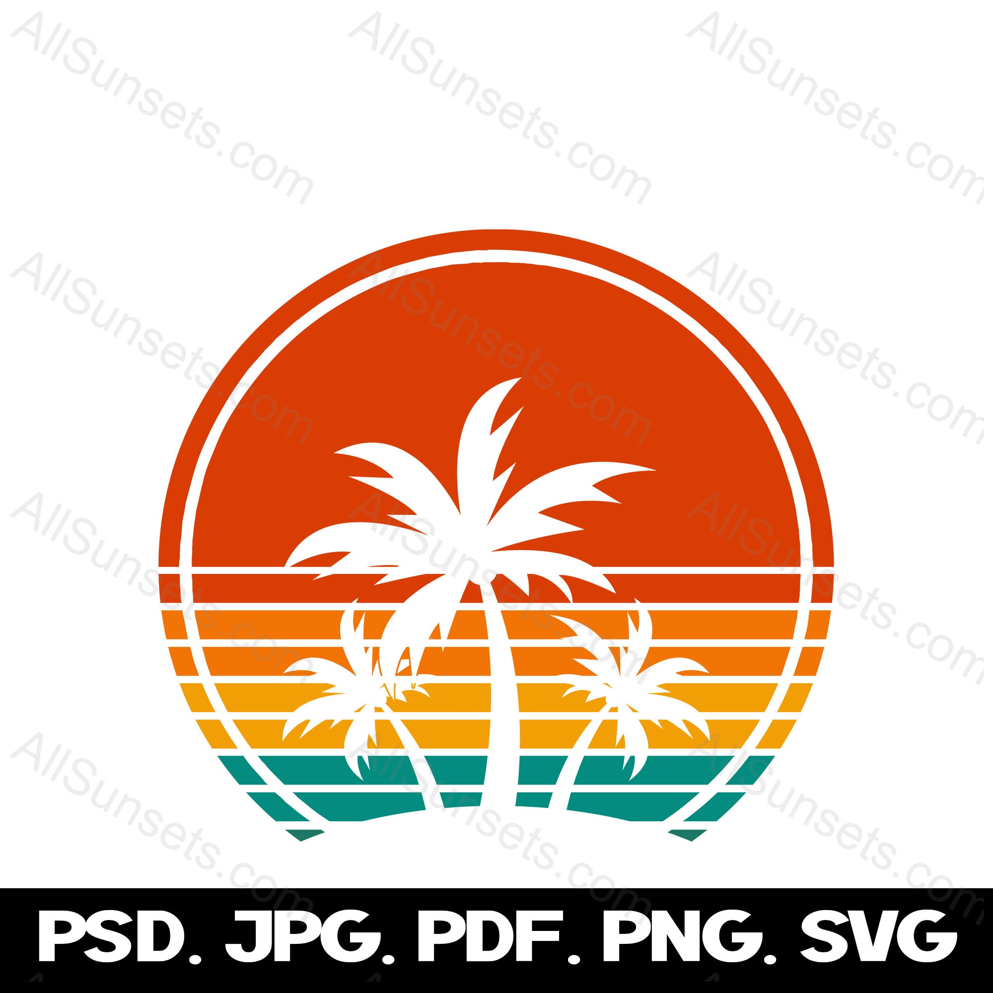 Palm Trees Beach Retro Sunset Graphic Clipart Summer Time Vacation Logo ...