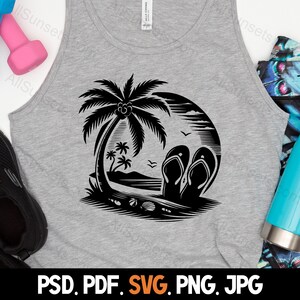 Flip Flops Palm Trees Silhouette svg png jpg pd pdf File Types Vector Beach Seashells Summer Commercial Use Print On Demand Image