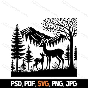 Hirsch Wald Berg Szene Silhouette SVG png jpg psd pdf Vektor-Dateitypen Reh Rehkitz Bäume Heim- und kommerzielle Nutzung für Print on Demand