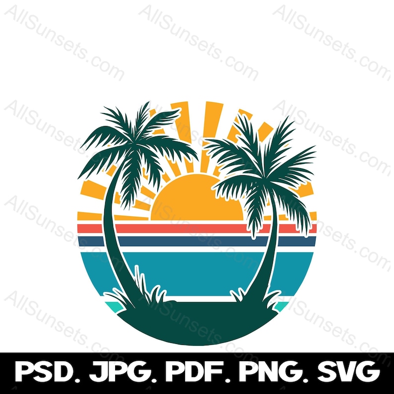 Palm Trees Ocean Sunrays Retro Sunset PNG SVG Psd Pdf Jpg Clipart Beach City Surfing Sunrise Commercial Print on Demand Graphics