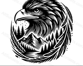 Formati di file vettoriali Eagle Head Mountain Nature Scene Silhouette SVG png pdf psd jpg per uso domestico, commerciale o per la stampa su richiesta