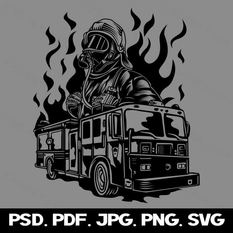 Fireman Firetruck Flames Silhouette svg png psd jpg pdf File Types Fire Truck Vector Graphic Clipart Print On Demand Commercial Use