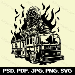 Fireman Firetruck Flames Silhouette svg png psd jpg pdf File Types Fire Truck Vector Graphic Clipart Print On Demand Commercial Use