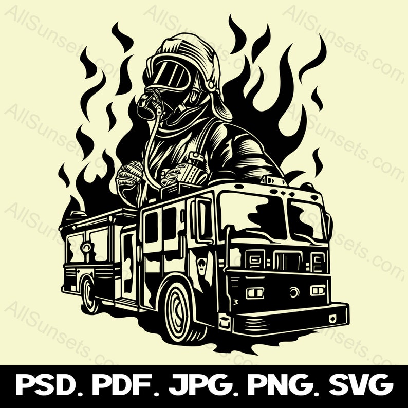 Fireman Firetruck Flames Silhouette svg png psd jpg pdf File Types Fire Truck Vector Graphic Clipart Print On Demand Commercial Use