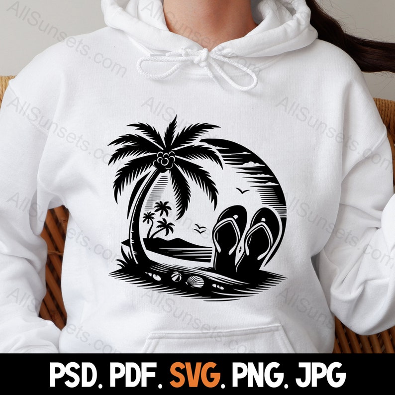 Flip Flops Palm Trees Silhouette svg png jpg pd pdf File Types Vector Beach Seashells Summer Commercial Use Print On Demand Image