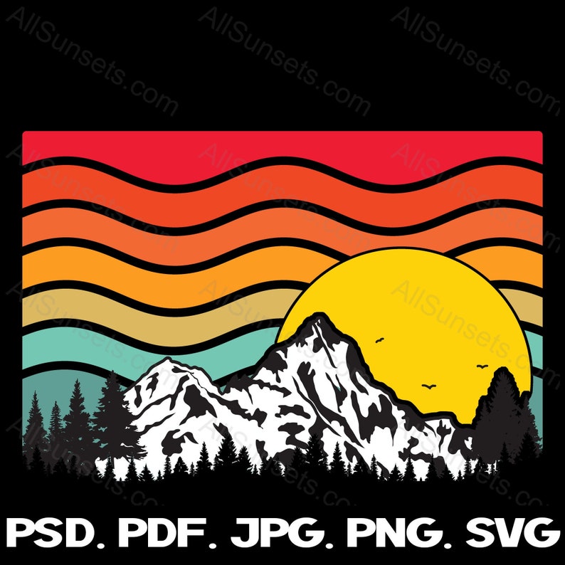 Wavy Stripes Retro Sunset Mountains Trees svg png jpg pdf psd File Types Clipart Vintage Commercial Use