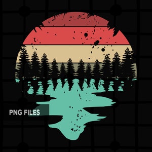 Forêt réflexions lac rétro vintage coucher de soleil arbres PNG et SVG fichier Clipart utilisation commerciale impression à la demande graphiques