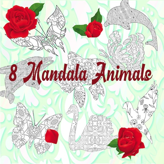 KDP Coloring Activity Book Mandala Animals Butterfly Angelfish Dolphin Porpoise Swan Dove With Commercial License