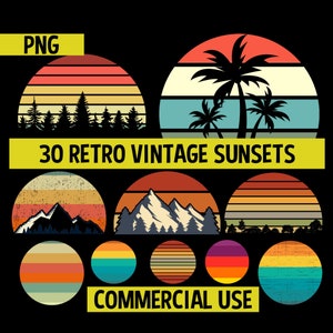 Rétro vintage Sunsets Pack #1 30 Retro Sunset Clipart PNG Téléchargement numérique Montagnes, Arbres, Été, Plage, Licence commerciale