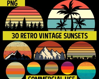 Retro Vintage Sunsets Pack #1 30 Retro Sunset Clipart PNG Digital Download Mountains, Trees, Summer, Beach, Commercial License