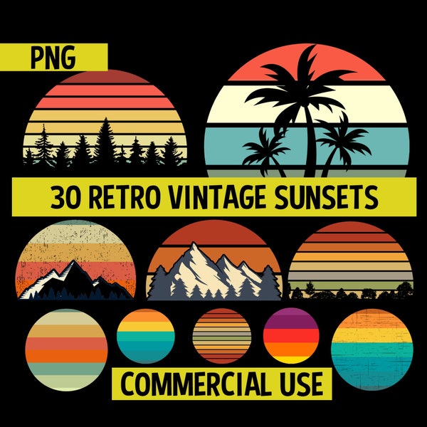 Retro Vintage Sunsets Pack #1 30 Retro Sunset Clipart PNG Digital Download Mountains, Trees, Summer, Beach, Commercial License