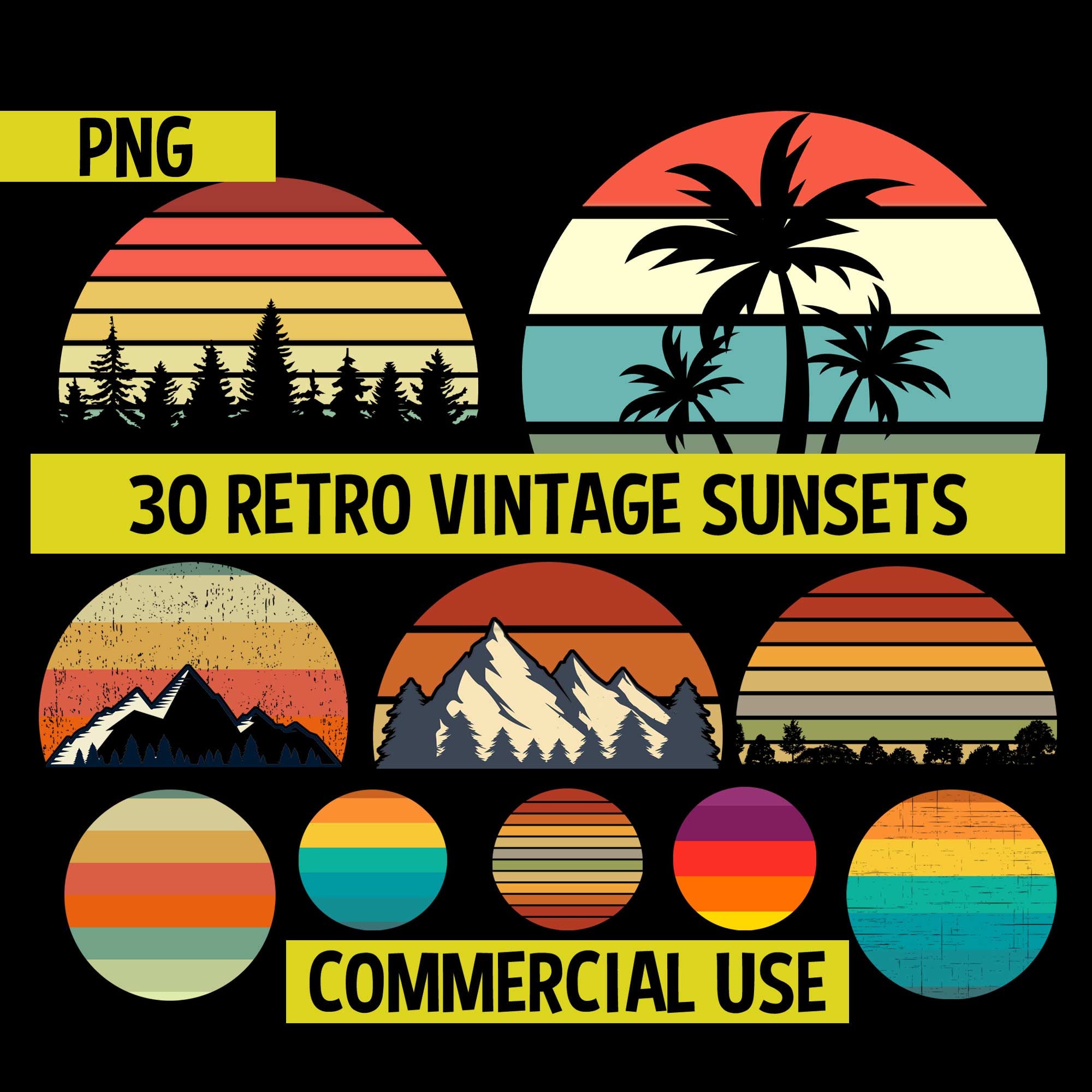 Retro Vintage Sunsets Pack 1 30 Retro Sunset Clipart PNG Etsy