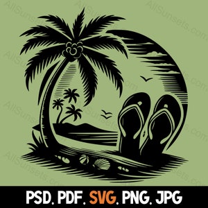 Flip Flops Palm Trees Silhouette svg png jpg pd pdf File Types Vector Beach Seashells Summer Commercial Use Print On Demand Image