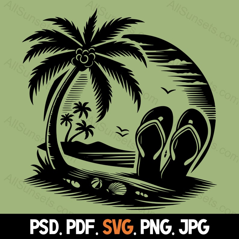 Flip Flops Palm Trees Silhouette svg png jpg pd pdf File Types Vector Beach Seashells Summer Commercial Use Print On Demand Image