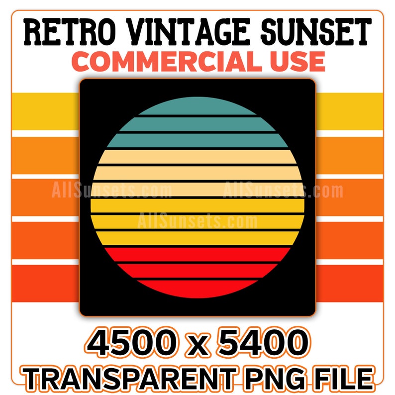 Retro Vintage Sunset png svg jpg psd pdf File Types Clipart Sun 4 Color Palette Commercial License Print on Demand Graphics