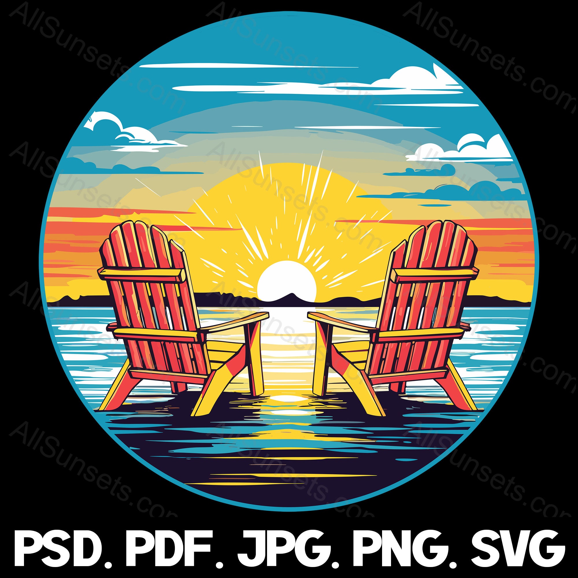 Adirondack Chairs Beach Sunset Svg Png Jpg Pdf Psd File Types Retro ...