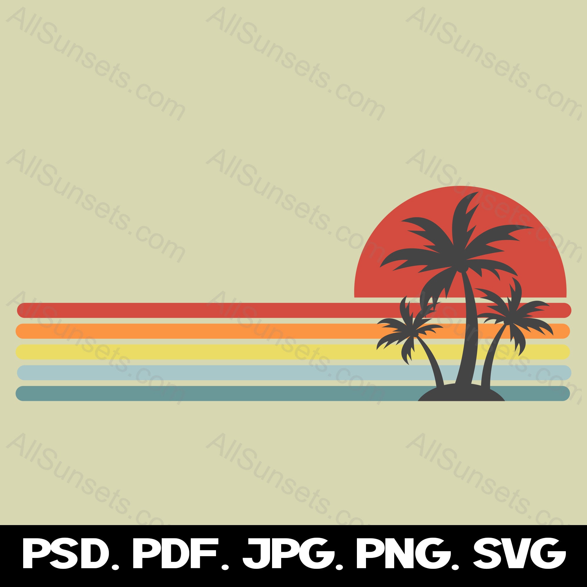 Palm Trees Horizontal Stripes Retro Sunset PNG File Beach City