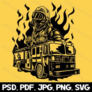 Fireman Firetruck Flames Silhouette svg png psd jpg pdf File Types Fire Truck Vector Graphic Clipart Print On Demand Commercial Use